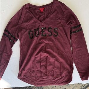 GUESS Maroon Long Sleeve Top with Black Sequin Accents